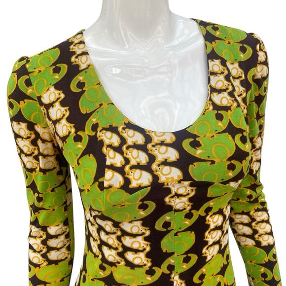 Vintage 60’s/70’s Elephant Print Op-Art Long Sleeve Maxi Dress, XS/S - Picture 5 of 13